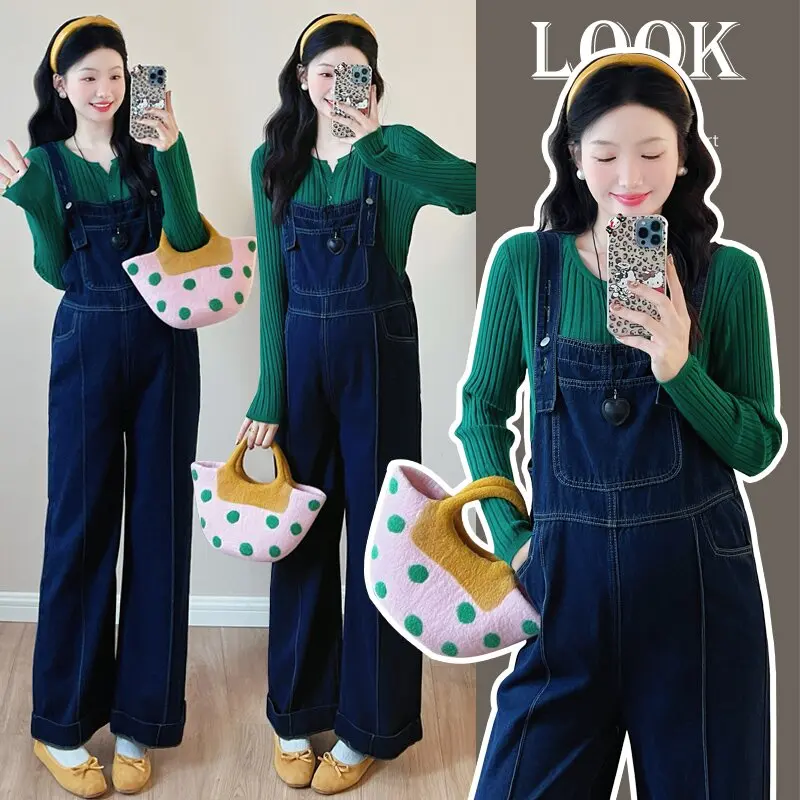 Rolled Up American Vintage Washed Denim Jumpsuits for Pregnant Women Wide Leg Loose Straight Workwear Jeans Pregnancy Overall