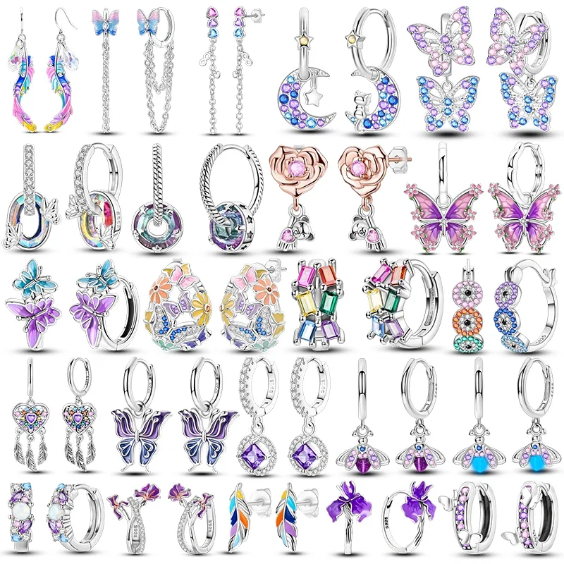 925 Sterling Silver Purple Series Feather Butterfly Dream Catcher Firefly Zircon Earrings for Women Luxury Jewelry Wedding Gift