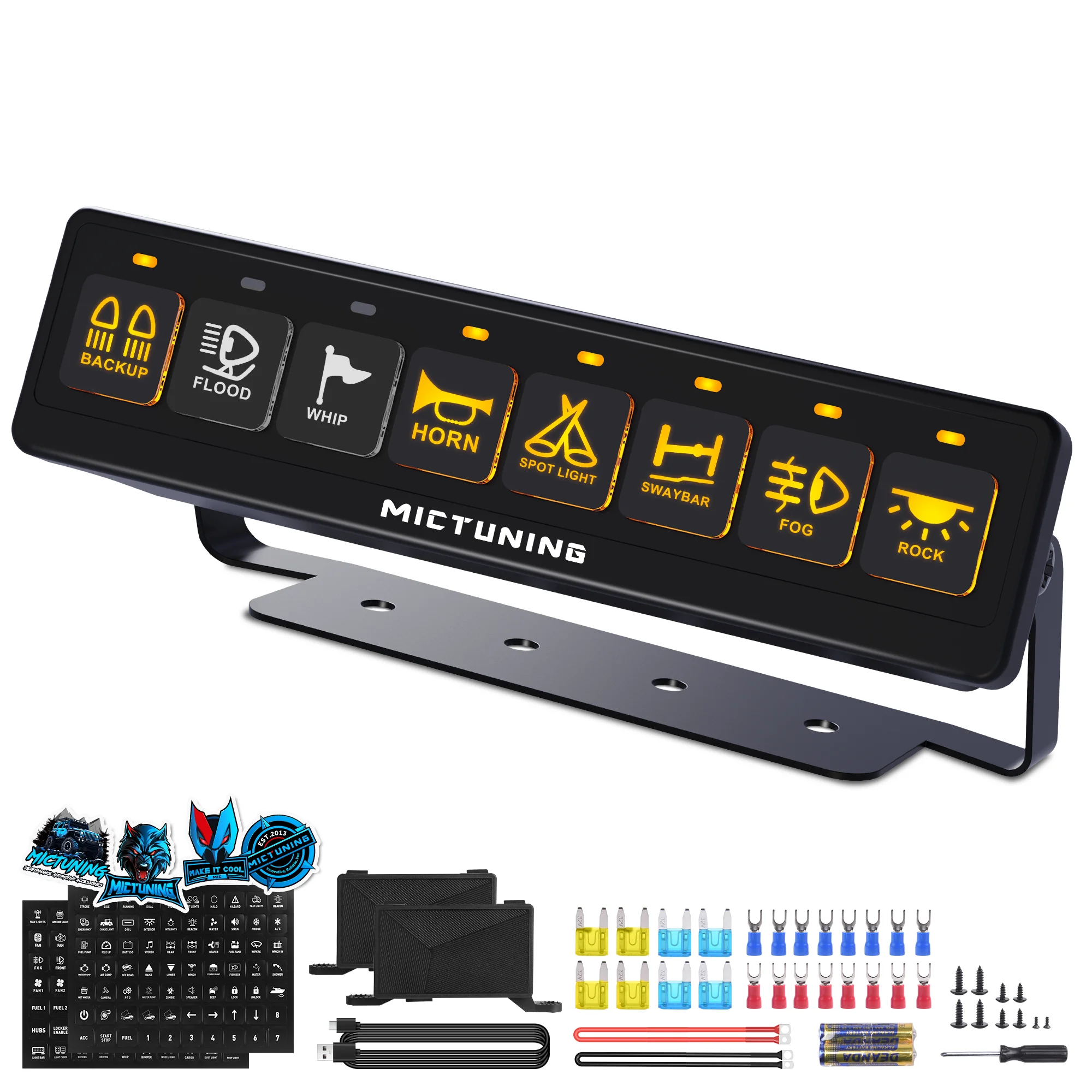 

MICTUNING BC80 8-Gang Wireless Switch Panel, Dual Power Hubs, Auxiliary ON-OFF Relays Circuit Box, 4 Control Modes 12V 24V