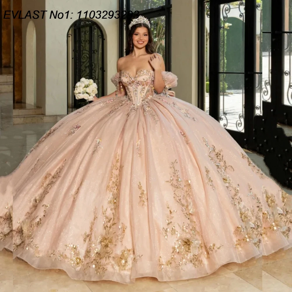 EVLAST カスタムグリッターグリーン キンセアニェーラドレス ボールガウン ゴールドレースアップリケ ビーズ装飾 リボン付き スイート16 ベスティドス デ 15 アニョス E1QN762