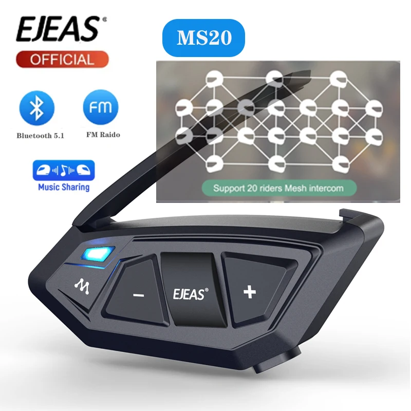 

EJEAS MS20 Motorcycle Off-road Mesh Intercom Bluetooth 5.1 Helmet Intercommunicator 20 Riders Group 2KM Talking Music Sharing FM