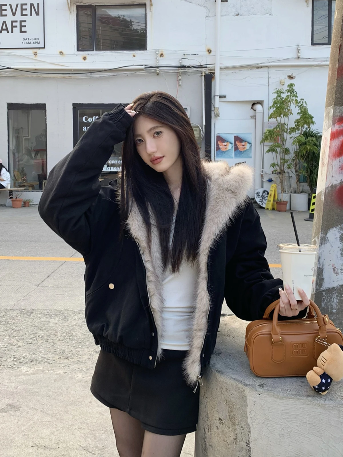 

Ning Sli ort Thiened Hooded Faux Fur Collar Cotton Jaet Women's Winter Warm Outerwear Korean Sle Loose Fit Coat