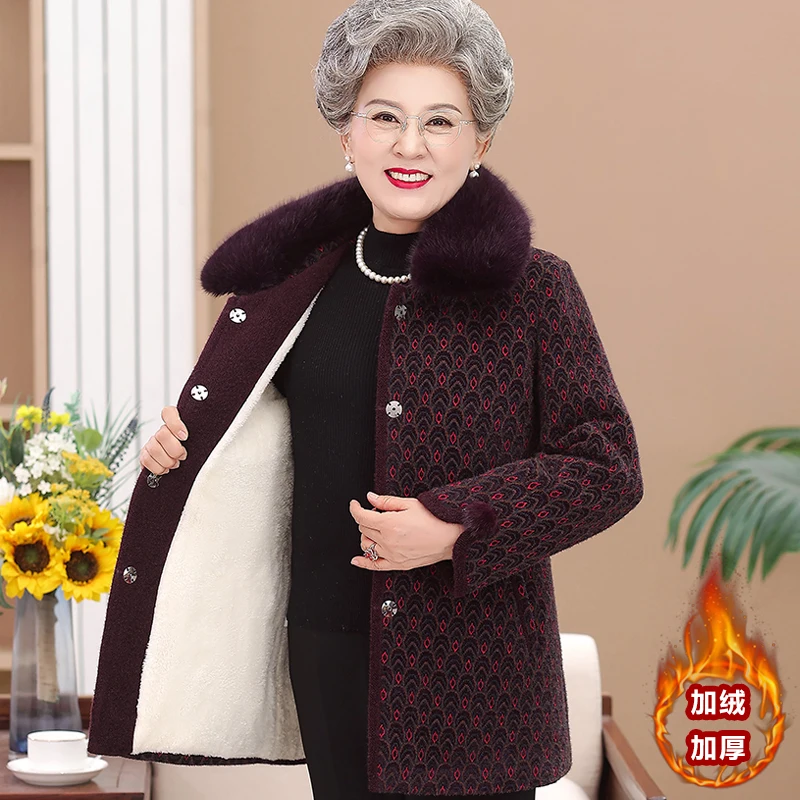 

Elderly Women Winter Jacket Woolen Coats 5XL Old People Warm Outerwear High End Mink Velvet Cotton Coat Grandma Add Velvet Parka