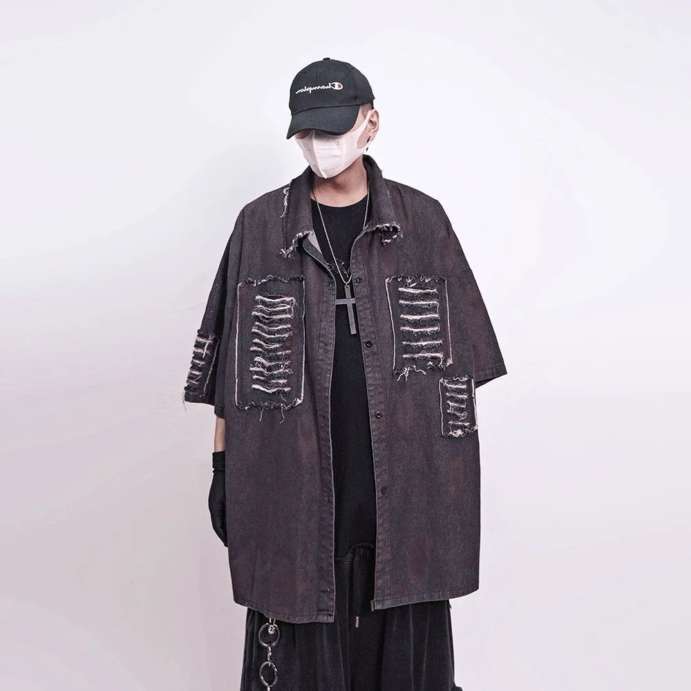 

Summer Ripped Hole Shirt Men Streetwear Hip Hop Punk Short Sleeve Shirt Oversized Harajuku Vintage Raw Edge Casual Blouse Male