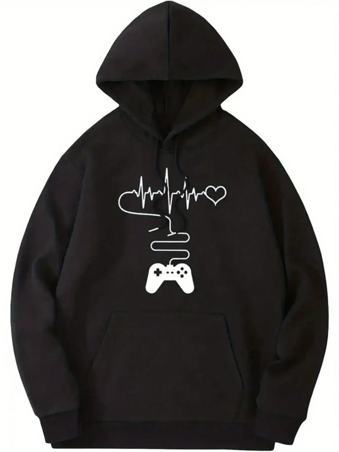 Retro Gaming Hooded Sweatshirt Video Game Controller EKG Heartbeat Power Button Print Men's Soft And Stylish Street-Inspired Pullover Hoodie, Adjustable Drawstring And Front Pockets, Perfect For All Seasons - Perfect For Everyday Wear And Casual Travel