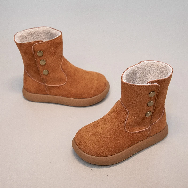 Kids Warm Fleece Leather Boots for Girls 2025 New Winter Kids Ankle Boots Non-slip Simple Versatile Kids School Snowshoes Age5-8