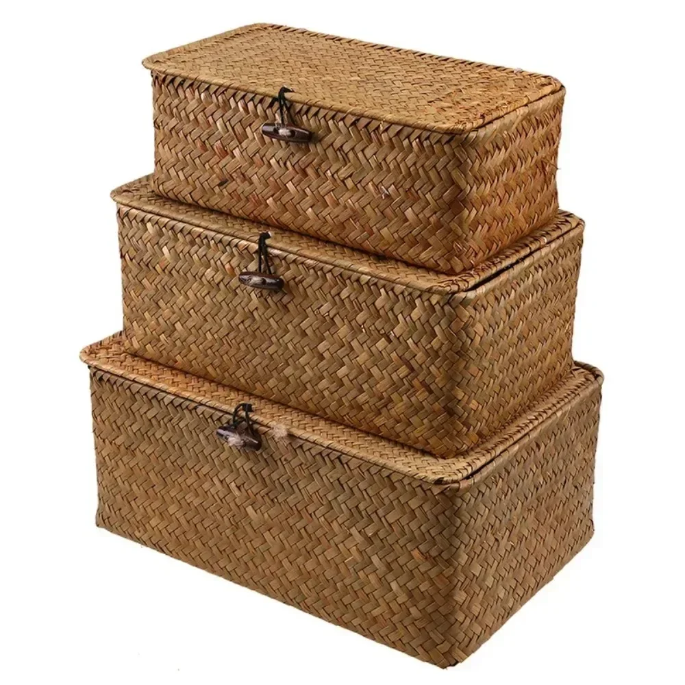 Handmade storage basket with lid, rectangular seaweed, rattan fabric, cosmetics, multi-purpose container, natural box