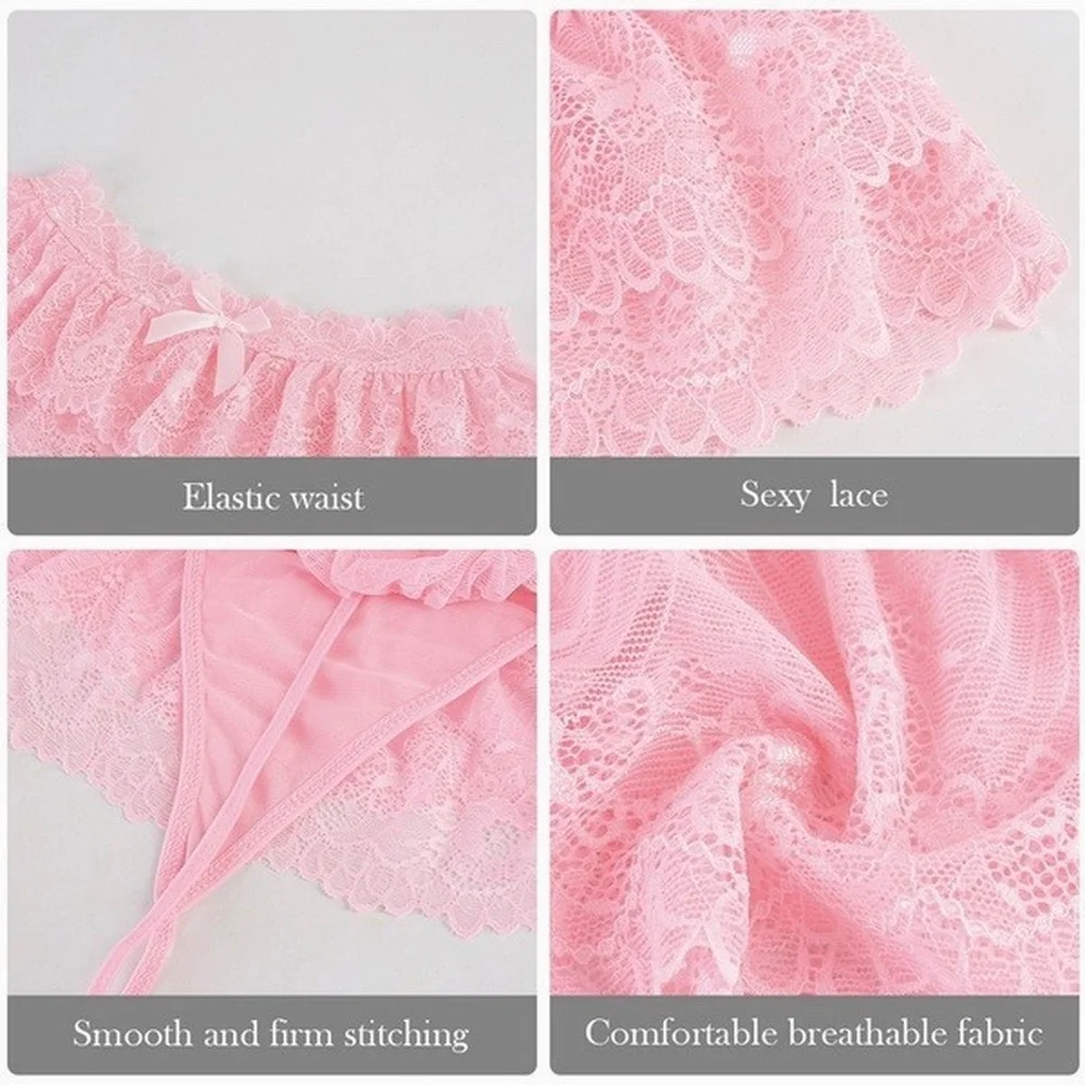 Fashion Ladies Panties Pajamas Lace One Piece Thong Bikini Panties Soft Lace Patchwork Bubble Lace Breathable Babydoll Panties