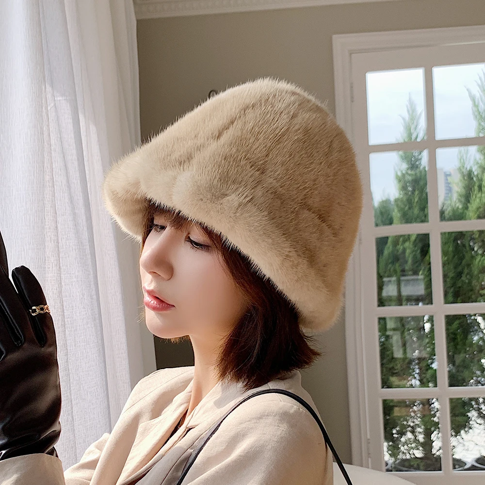 Winter Real Mink Fur Bucket Hat Women Windproof Cap Warm Fisherman Hat Accessories