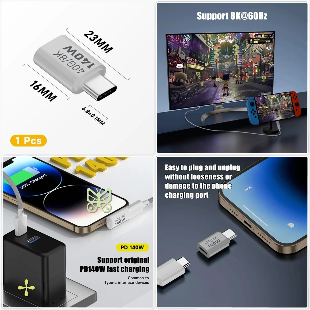 USB C OTG Adapter PD 140W Type C Female to Male 40Gbps Data Sync 8K 60Hz Laptop External Monitor High Res Display Link