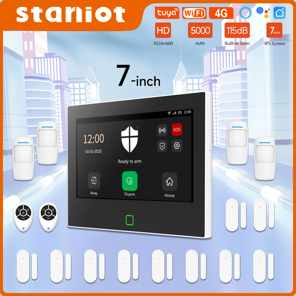 Staniot Original 7inch 4G WiFi Security Alarm Protection Kit Built-in 5000mAh Battery Alexa Wireless Smart Home Alarm System