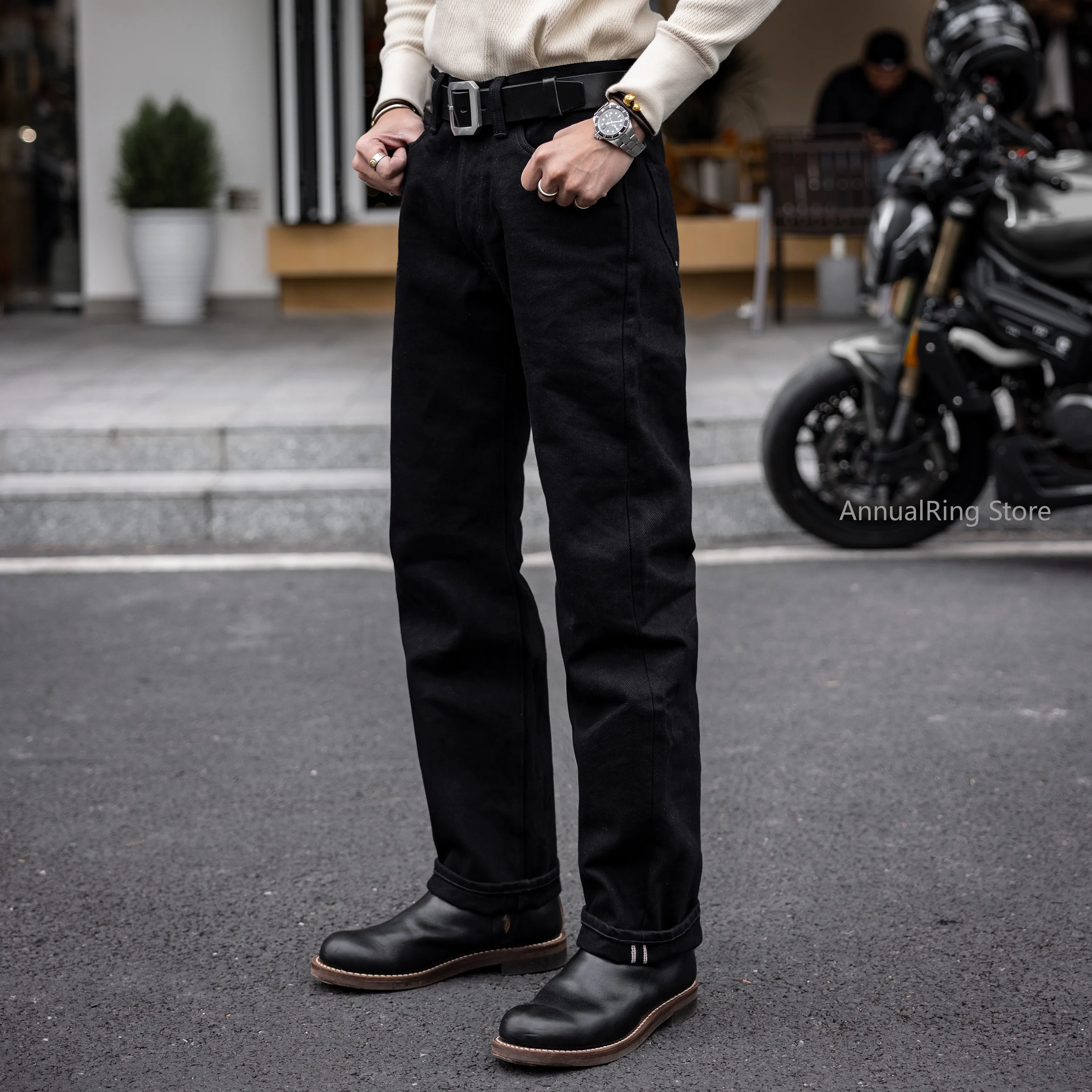 Red Tornado NOIR 21oz Selvedge Denim Traditional Straight Cut Jeans in Black Vintage Style Men's Casual Trousers