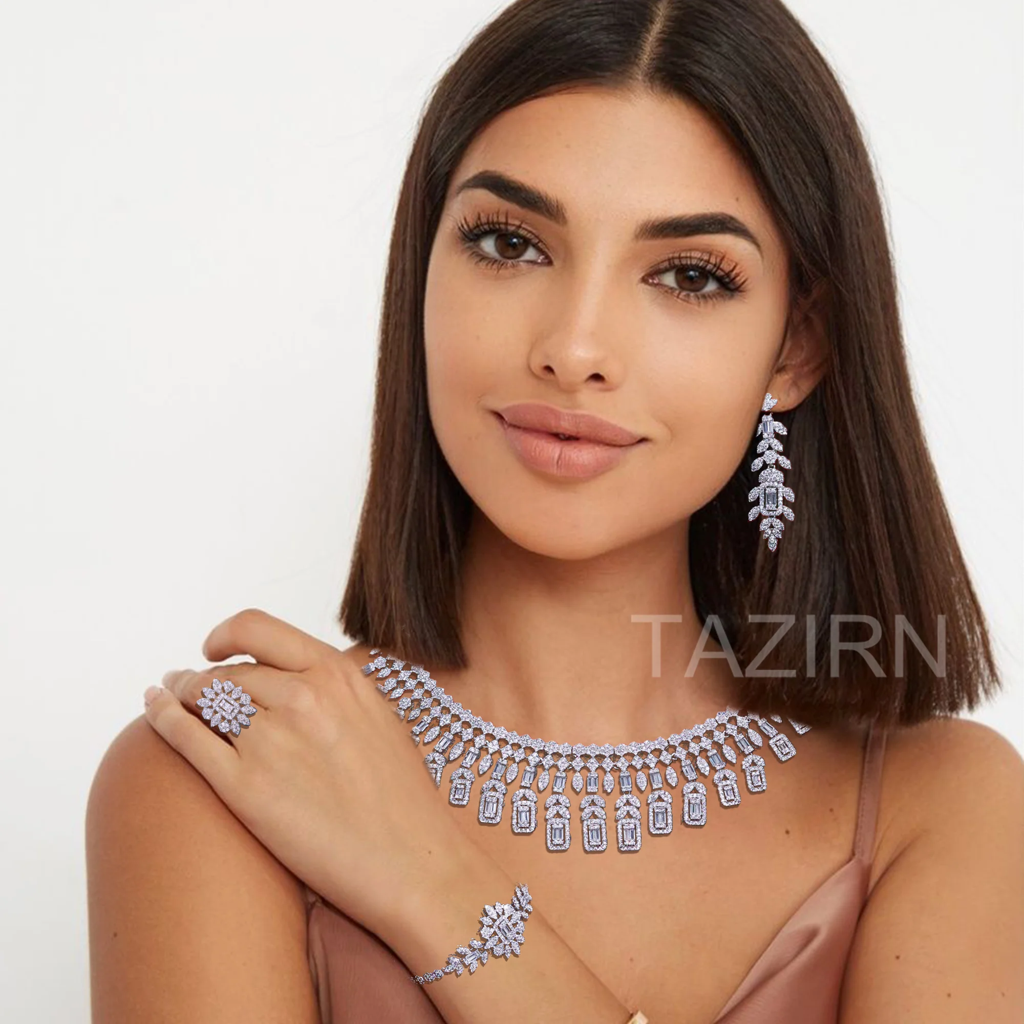 TAZIRN New Luxury 4PCS Wedding Jewelry Set for Women 5A Cubic Zirconia Jewelry Accessories Arabic Dubai Ladies Anniversary Gifts