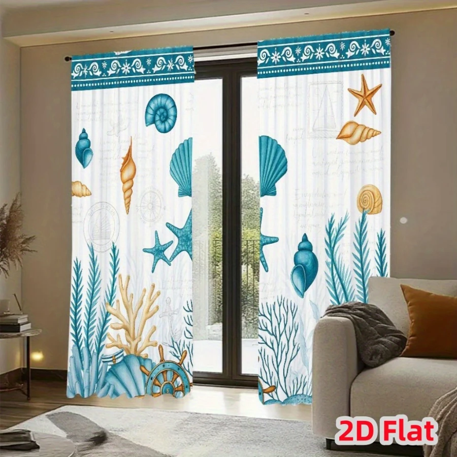 2PCS Digital Printed Curtains, Blue Coral Ship Wheel Design, Nautical Ocean Style for Living Room Bedroom Kitchen Home Decor