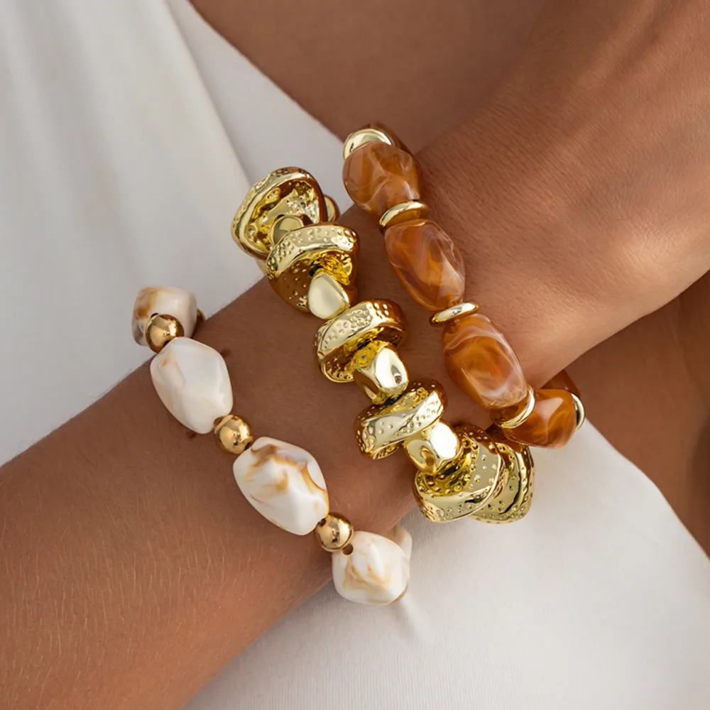 

Ingemark 3Pcs/Set Elegant Stackable Acrylic Resin Bead Bracelet Women Vintage Multi Layer Irregular Elastic Bangle Boho Jewelry