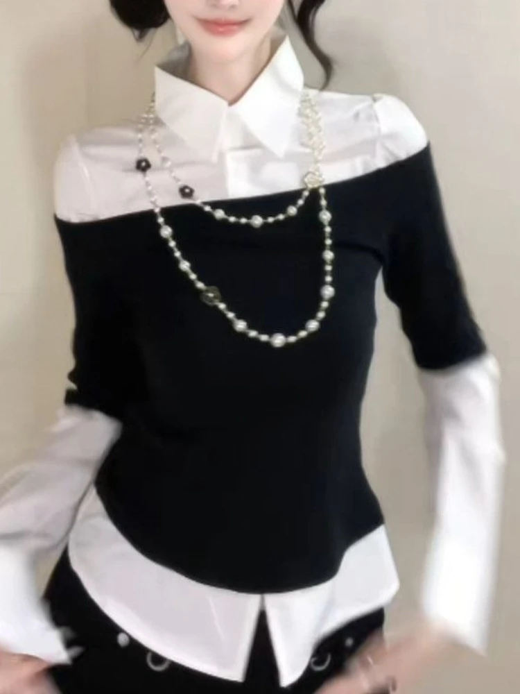 Fashion Minimal Elegant Slim Patchwork Tees Women Y2k Designer Casual Lapel Thin Two Piece T-shirts Female