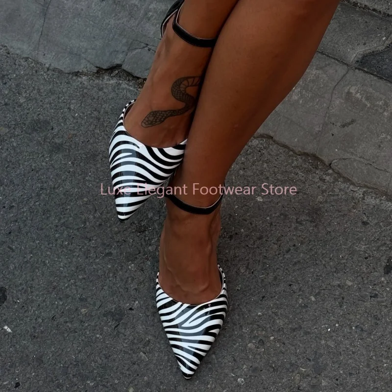 

Zebra Print Leather Pointed Toe Thin High Heels Women Patchwork Buckle Strap Cover Heel Sandals Street Style Ladies Summer Shoes