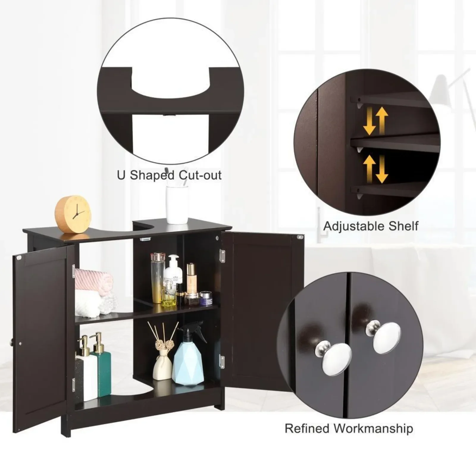 Gabinete de almacenamiento para lavabo con Pedestal de EE. UU., organizador de tocador de baño Espresso con gabinete de almacenamiento de 2 puertas y recorte en forma de U