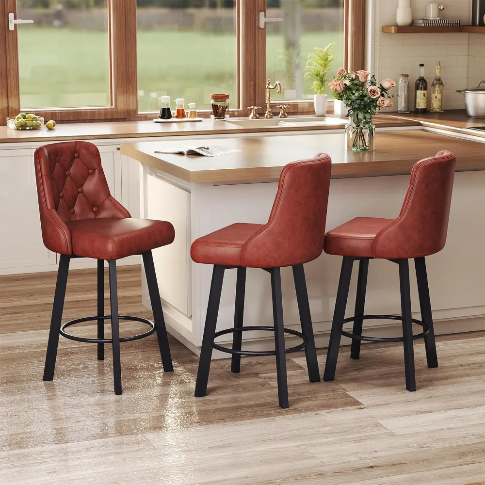 

A set of 3 rotating bar stools, modern counter height bar stools with metal legs and artificial leather soft cushions