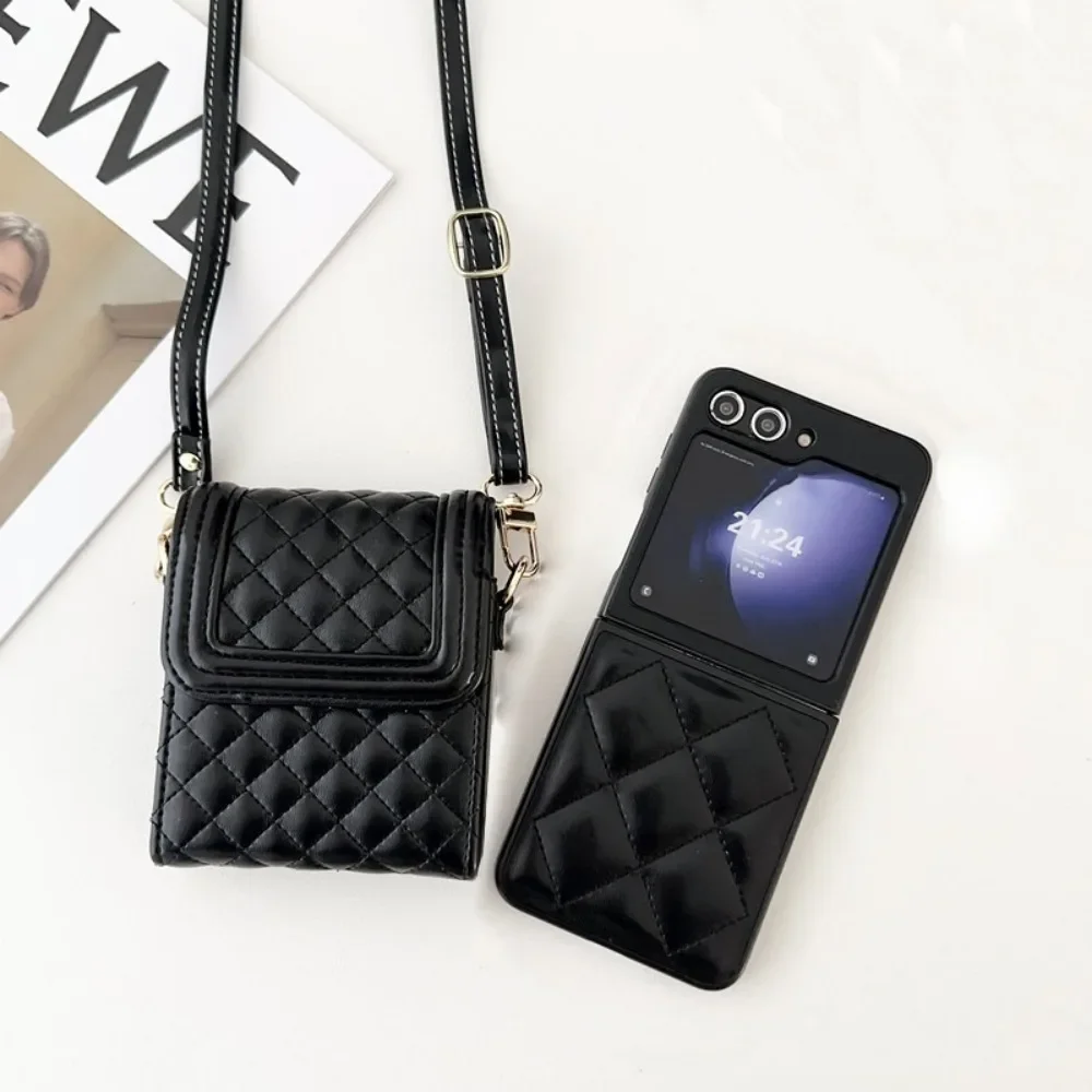 2 In 1 Lattice Pu Leather Crossbody Bag For Samsung Galaxy Z Flip 5 4 3 Flip3 Flip4 Flip5 5g Shoulder Pouch Strap Phone Case Fun