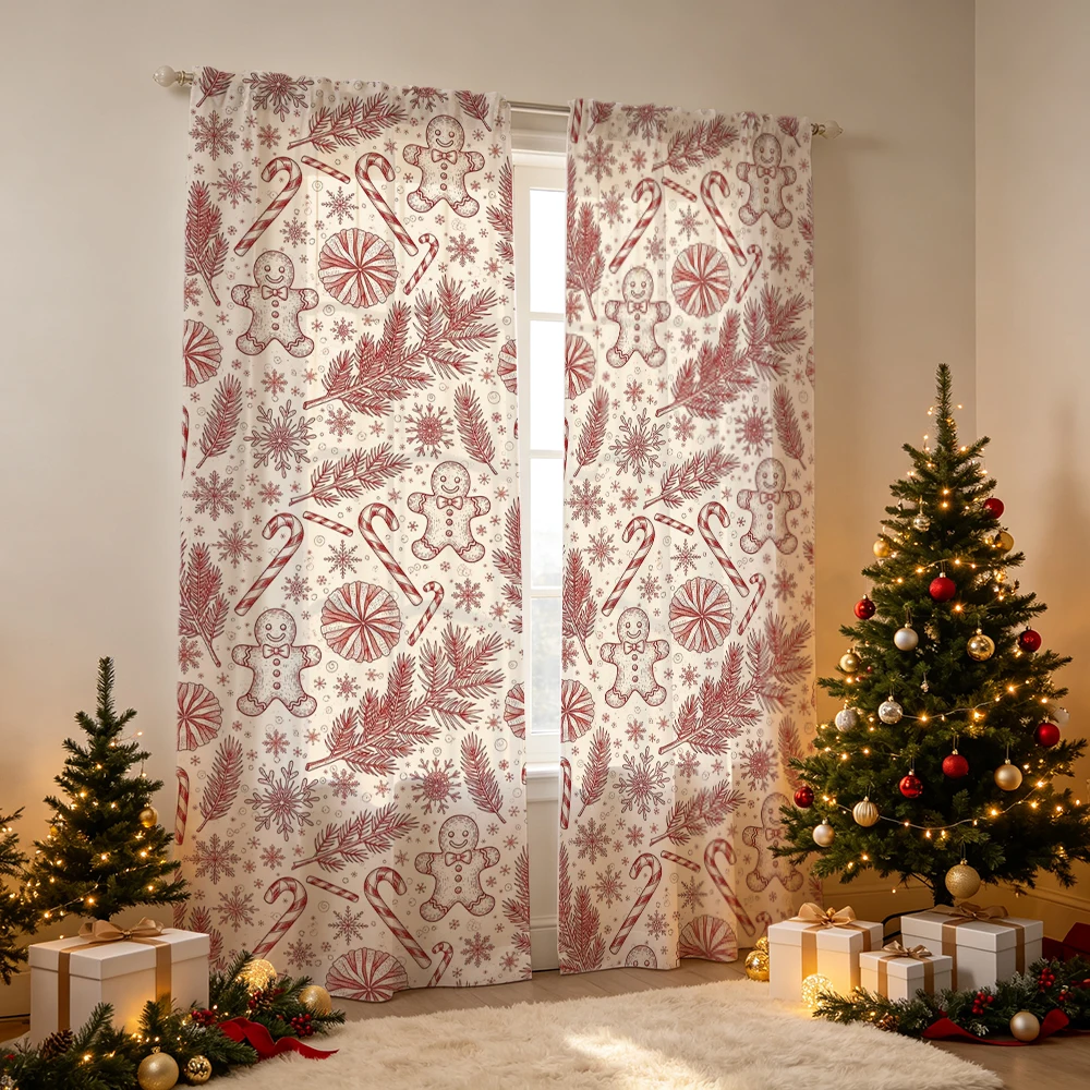 2PCS Christmas Curtains, Gingerbread man candy cane Print, Bedroom Living Room Window Drapes, Rod Pocket Polyester, Home Decor