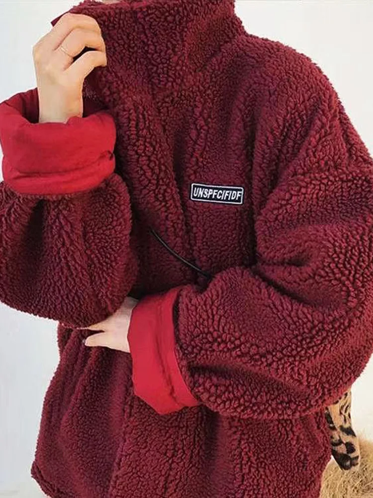 Y2K Faux Lamb Coat Women Loose Vintage Double Sided Streetwear Jacket Casual Harajuku Stand Collar Female Korean Winter Tops New