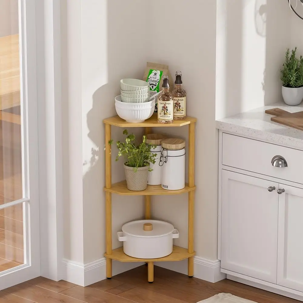 

3-Tier Bamboo Corner Shelving Unit - Open Storage for Books, Plants, and Bathroom/Kitchen Accessories