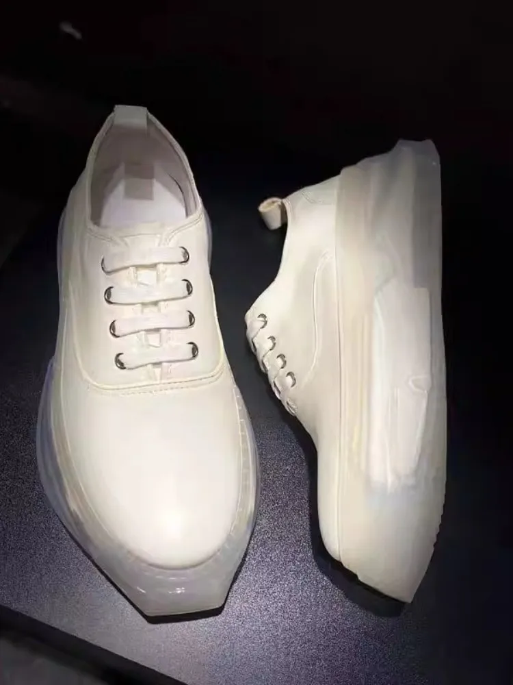 New Mens Breathable Cowskin Genuine Leather Sneakers Transparent Sole Fashion Designer Shoes Lace Up Round Toe Platform Shoes