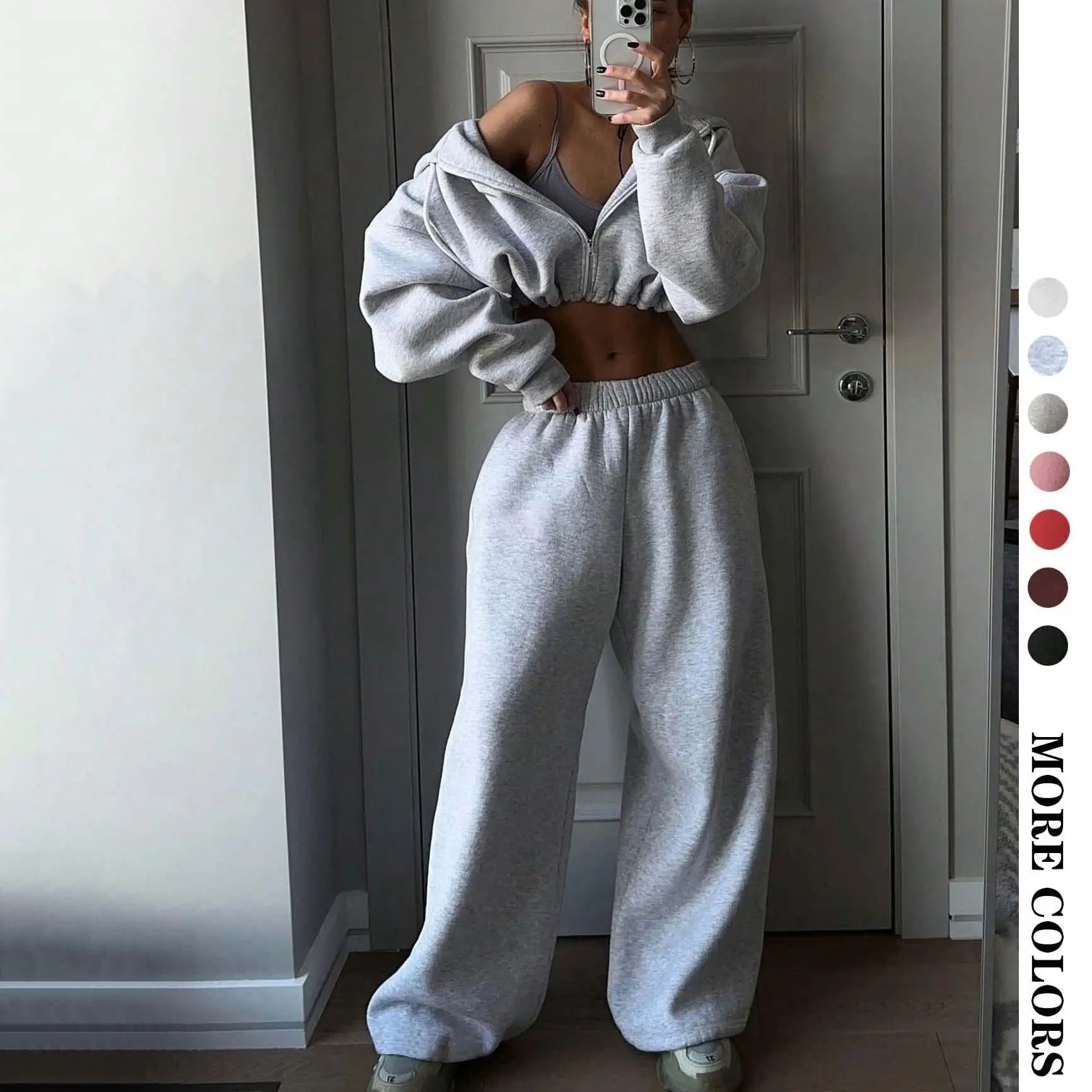 

Women's Long Sleeve Sweatshirt Set Two Pieces Street Style Pure Color Autumn Fashion Outfit Long Pants Splice Craft