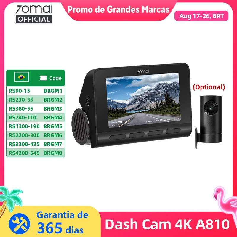 Câmera Veicular 70mai 4K A810 Conjunto Frontal e Traseiro Suporte para Módulo 4G LTE UP04 Controle Remoto GPS ADAS DVR de Carro 70mai A810