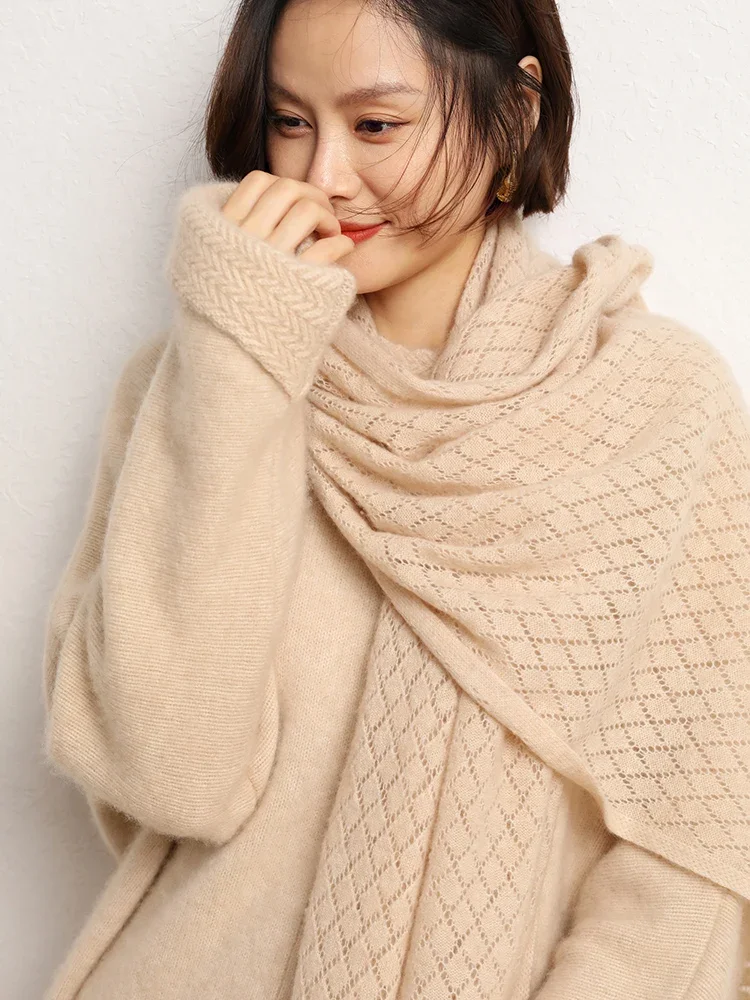 Versatile Scarves Autumn Winter Shawl 100% Cashmere Scarf Stole Warm Women Scarf Elegant Female Sunscreen Cloak Hollow Out Knit