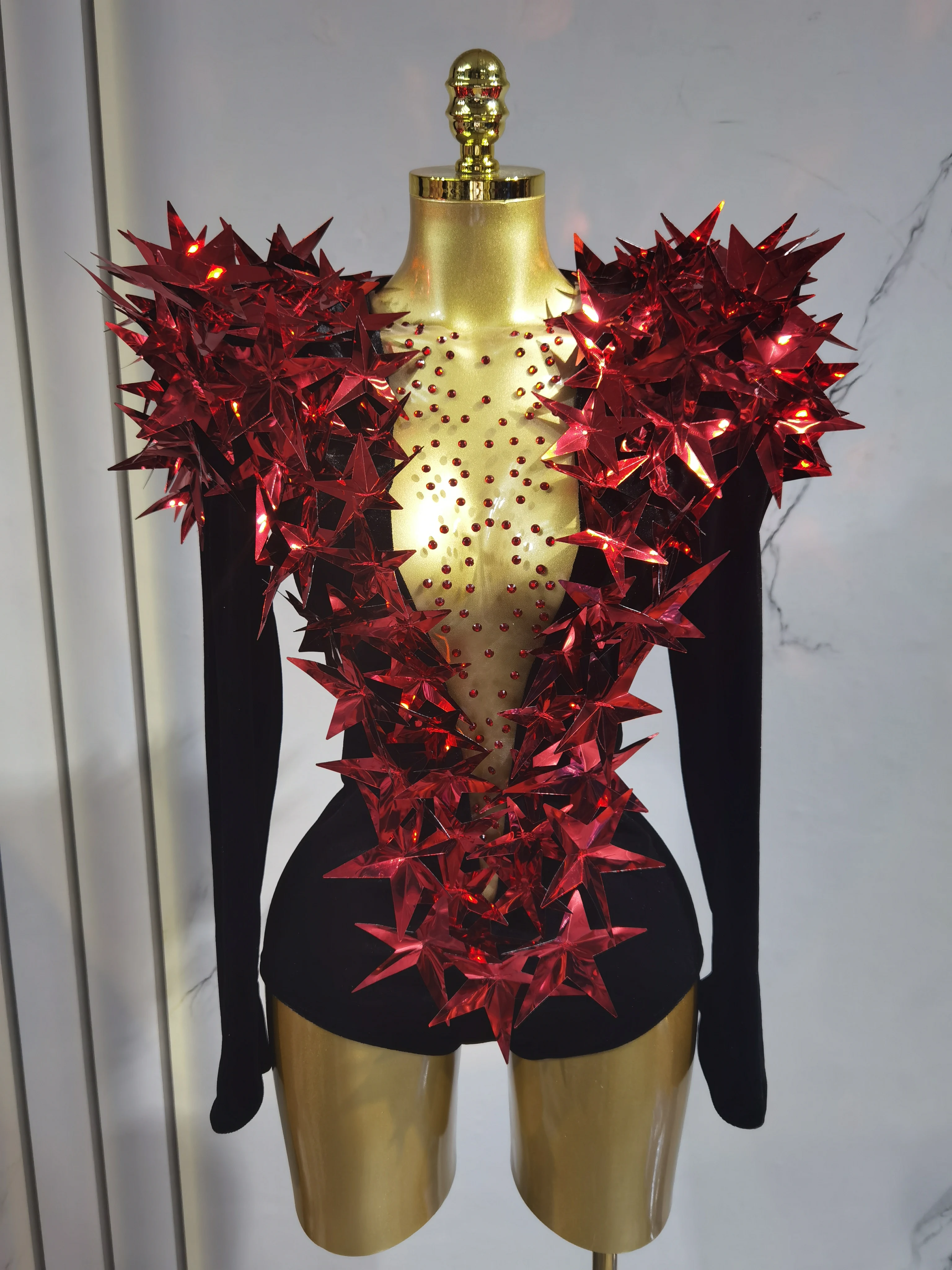 

Shiny Gold Rhinestone Black Velvet Long Sleeve Bodysuit 2025 Women Evening Party Club Gala Hosts NightClub Bar Costumes