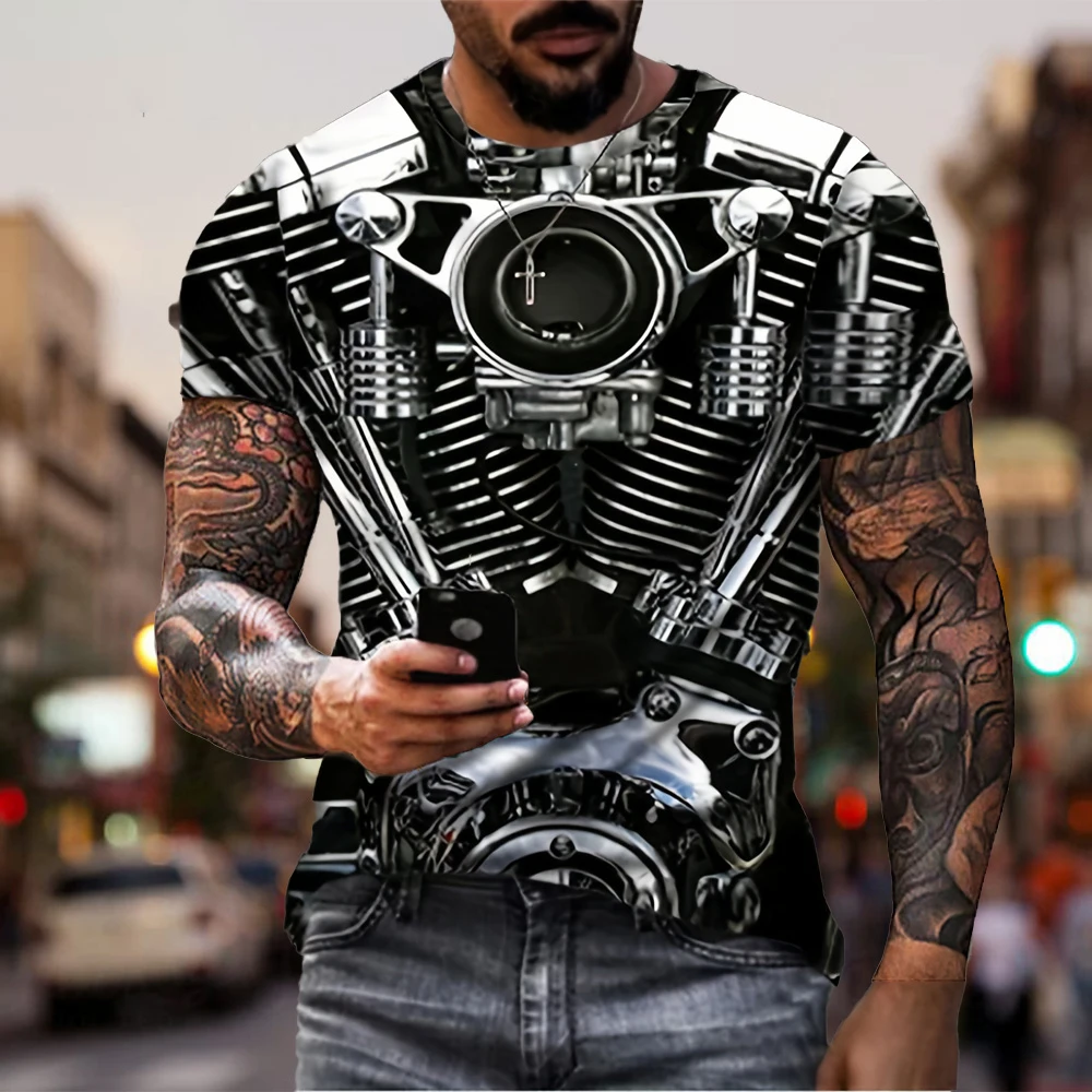 Retro T-Shirts for Men 3D Car Engine Print Men\'s Clothing Street Designer Short Sleeved Loose Oversized T-Shirt Graphic Tees Y2k