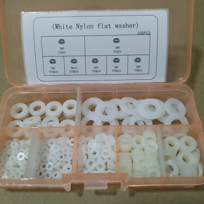 500Pcs M2 M2.5 M3 M4 M5 M6 M8 Nylon Plastic Flat Washer Plane Spacer Insulaton Seals Gaskte Washer Nylon Gasket Ring Mix Kit