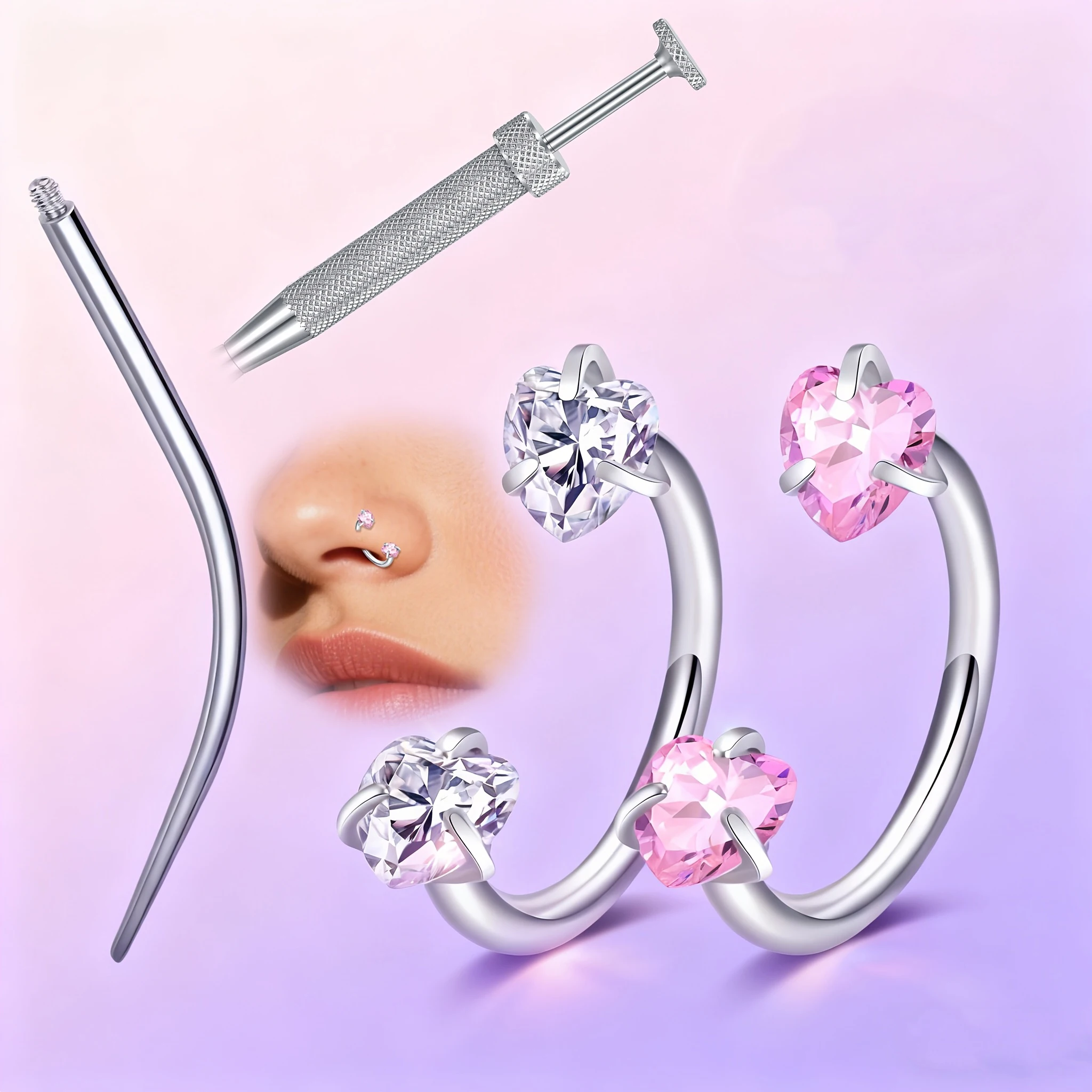 4pcs Horseshoe Nose Ring for Women 16G Stainless Steel Multi-Purpose Piercing Jewelry for Labret Lips Ears with Piercing Tool