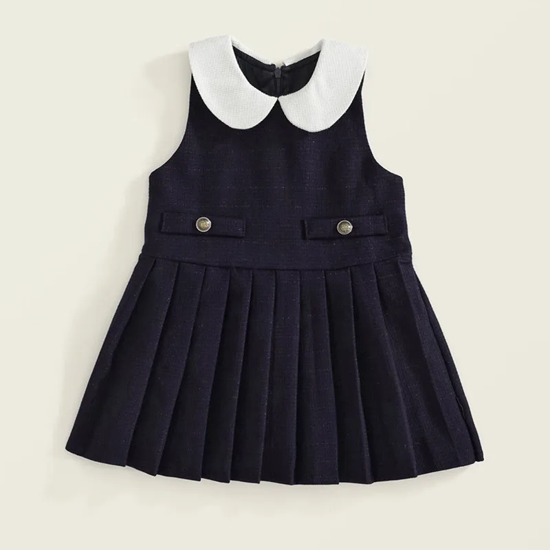 2024 New Baby Girl Doll Neck Sleeveless Pleated Dress Round Neck Long Sleeves Girl Coat Top Preppy Style Children Matching Set