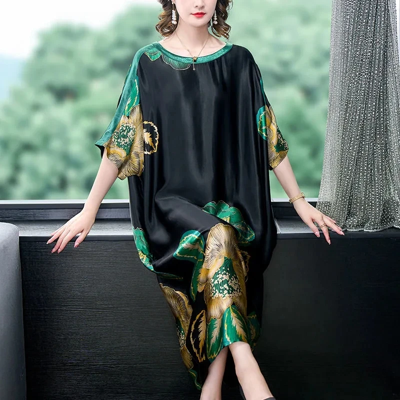 5XL Light Luxury Dress Summer Loose Size Hidden Meat Covering Belly True Quality Silk Smooth Silk Draping Breathable Long Dress