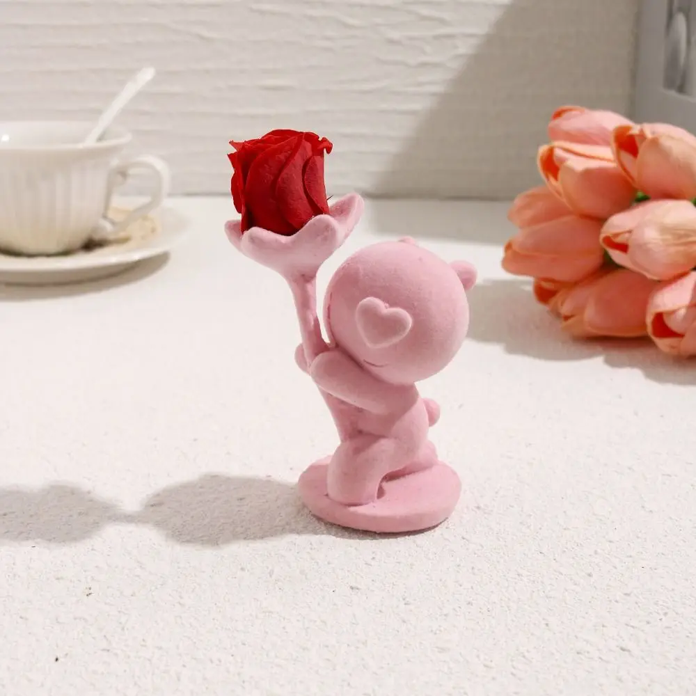 Artificial Bear Holding Flower Statue Handmade Decoration Flocking Animal Bear Figurine Handicraft Kneeling Position