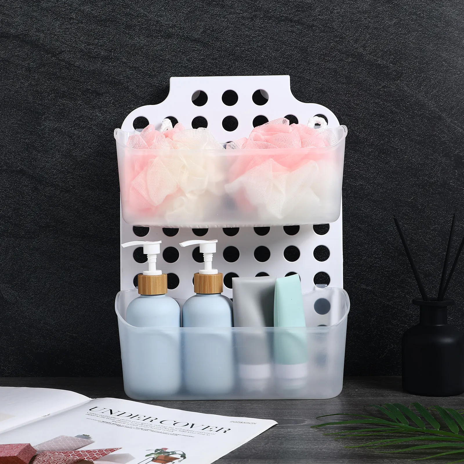 

Double Storage Baskets Bathroom Rack Shower Organizer Wall-Mounted Holder Kitchen Shelf No-Drilling Removable for Bathroom