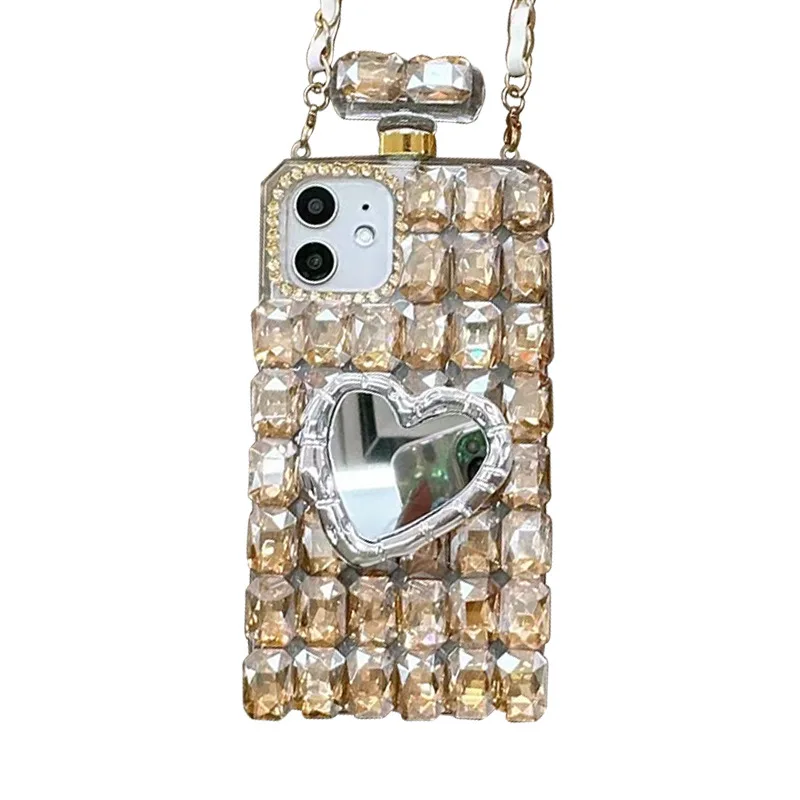 Bling 3D Love Heart Perfume Bottle Rhinestone Case For Iphone 16 15 14 12 11 13 Pro Max Xs Xr Plus DIY Long Strap Diamond Cover