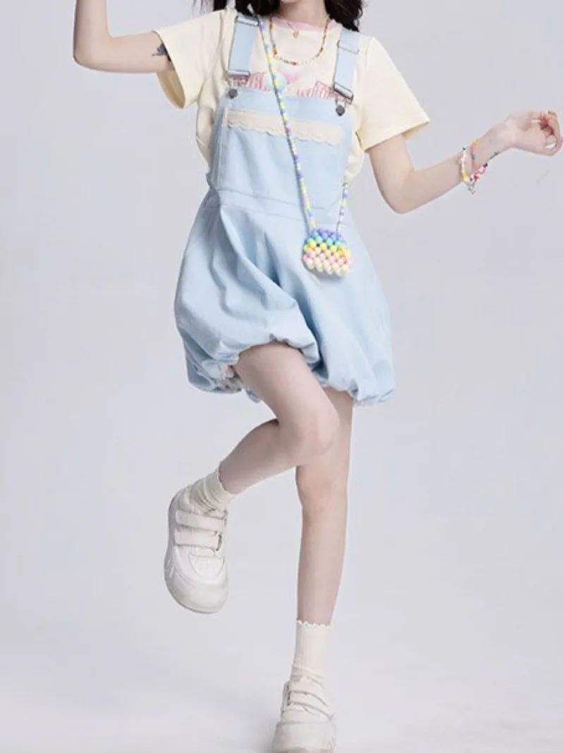 2026 New Wear Loose Cute Bud Light Blue Strap Shorts Female Kawaii Dopamine Japanese Girl Short Suspender Pants Students
