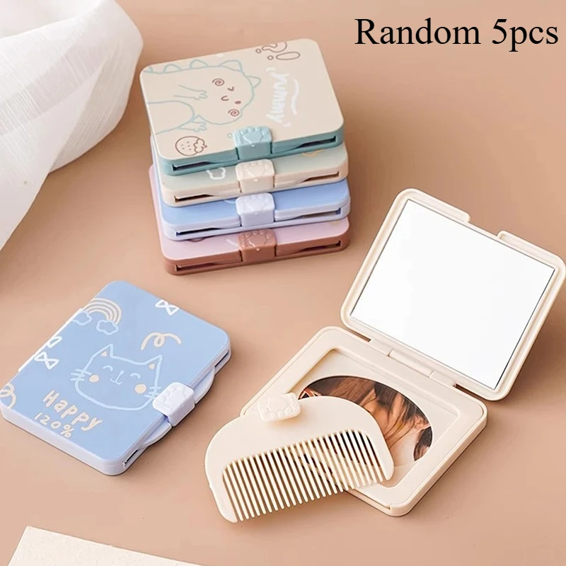 5pcs Folding Small Comb With Mirror Compact Pocket Size Portable Traveling Hair Brush Cosmetic Mirror Head Scalp Massager Relax