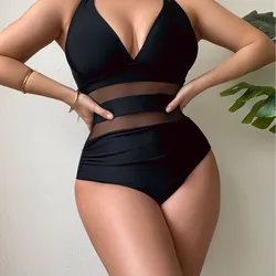 2024 Europe and The United States Foreign Trade New Sexy Mesh Patchwork One-piece Swimsuit