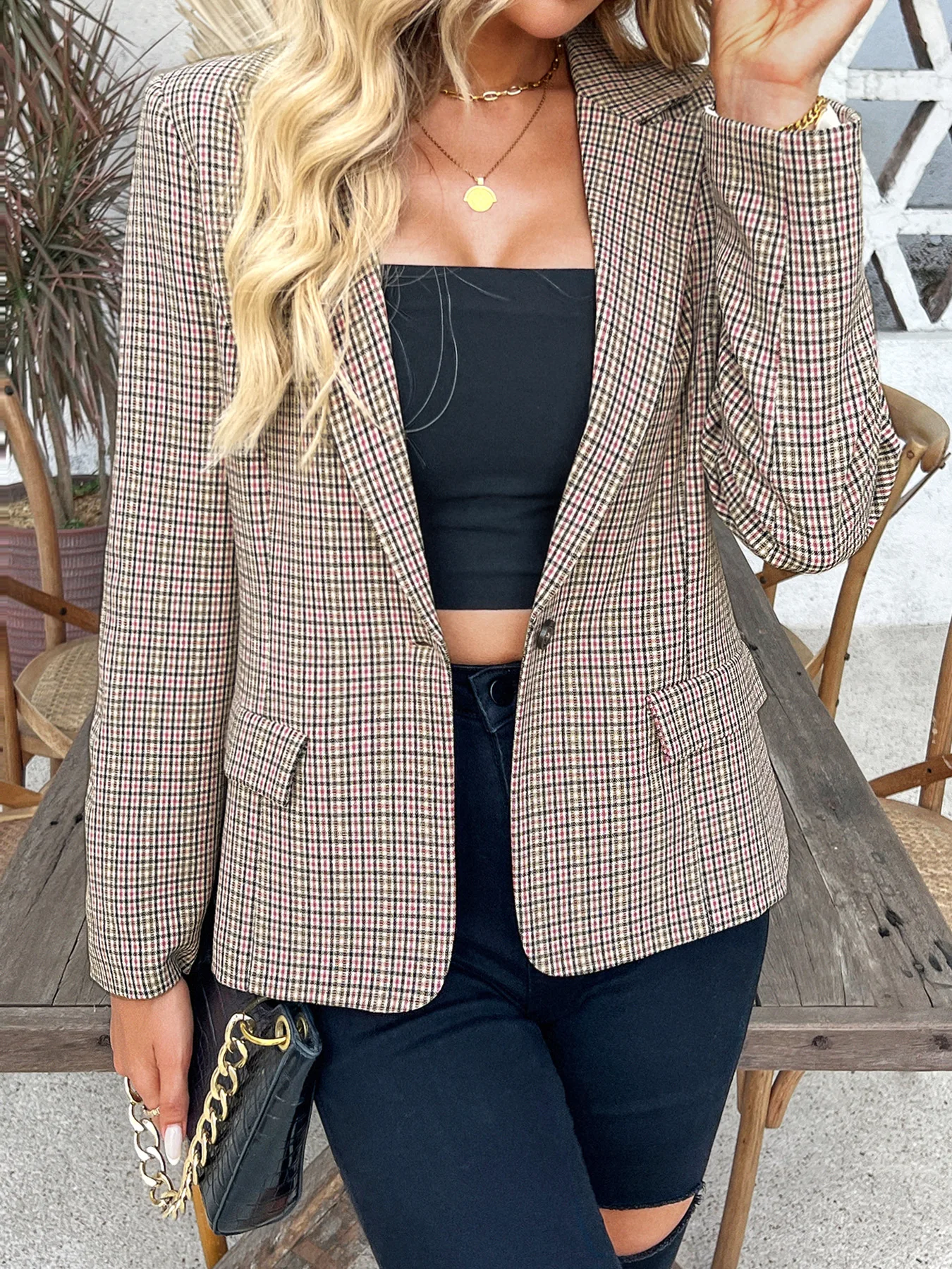 Checkered women\'s suit new high-end summer short style loose and fashionable commuting business formal jacket