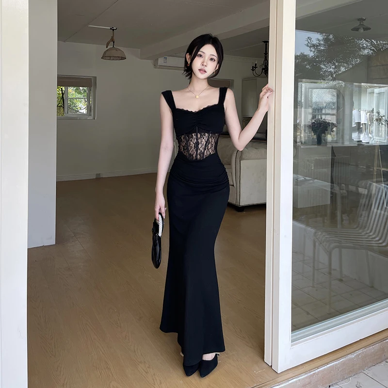 우아한 여성용 블랙 스파게티 스트랩 핏 이브닝 드레스 레이스 스플라이스 시스루 바디콘 머메이드 헴 여름 파티 프롬 드레스