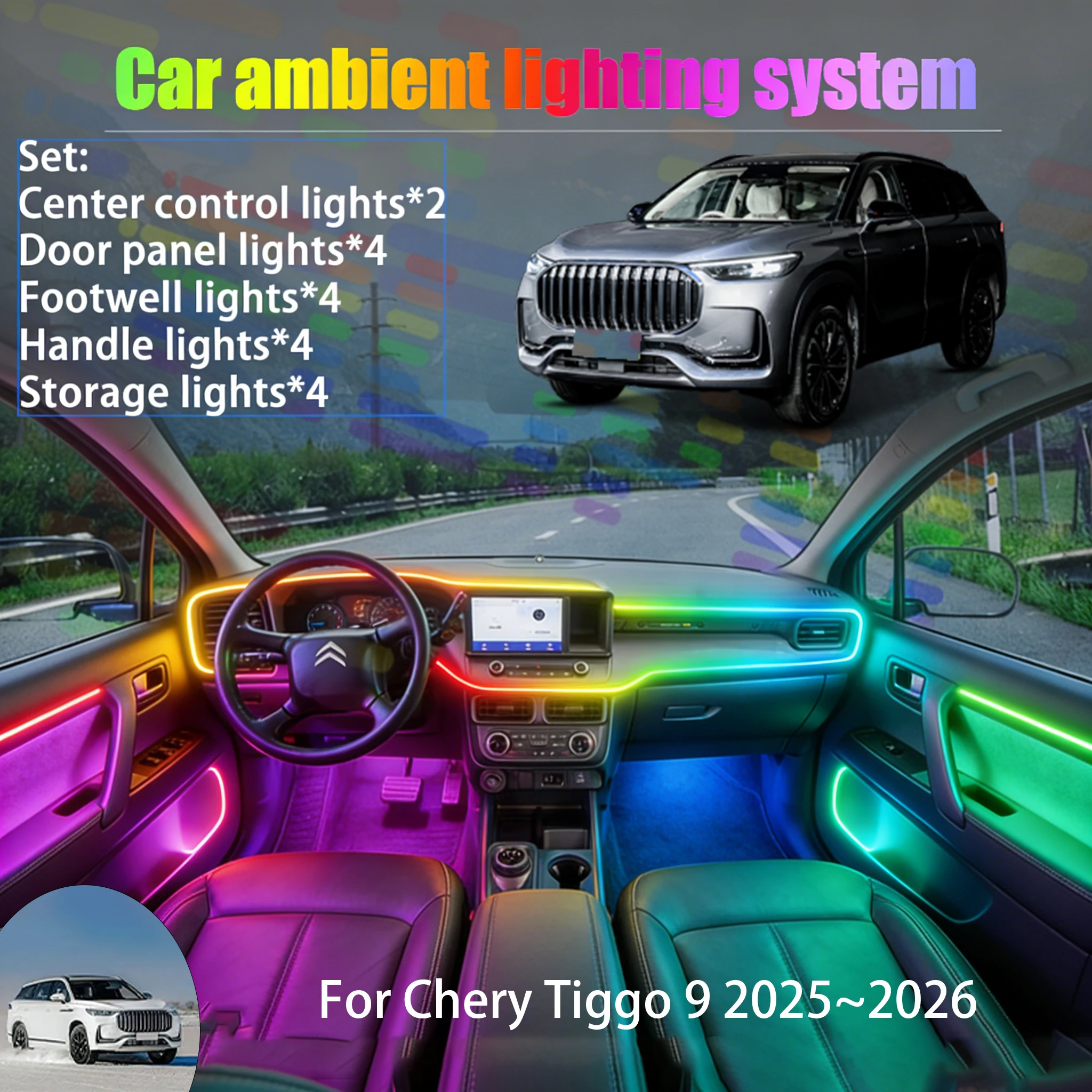 

For Chery Tiggo 9 2025~2026 2/18 in 1 Car ambient lighting Led trunk interior led lights USB RGB Ensemble Streamer Auto Parts