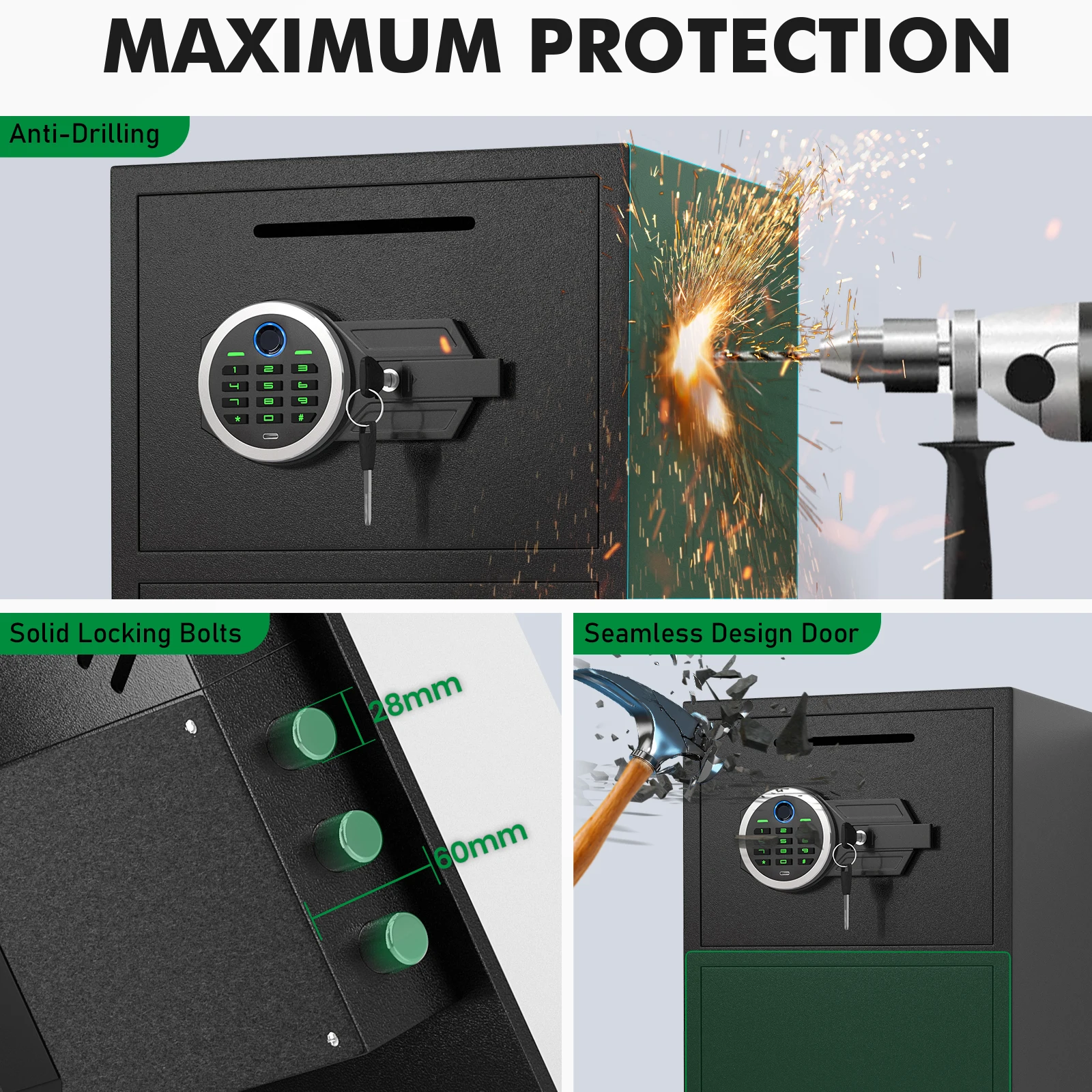 [2025 NEW] 6.5 Cub Large Home safe Fireproof Waterproof, Fingerprint Drop Safe for Business with Metal Deposit Storage Box