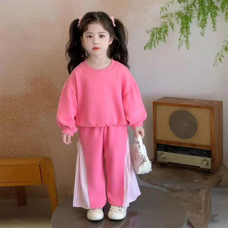2026 New Girls Bow Tie Set Children Casual Suit Spring Long-Sleeved Striped Sweatshirt Pants 2Pc Kids Loose Outfit Autumn Clothe 3