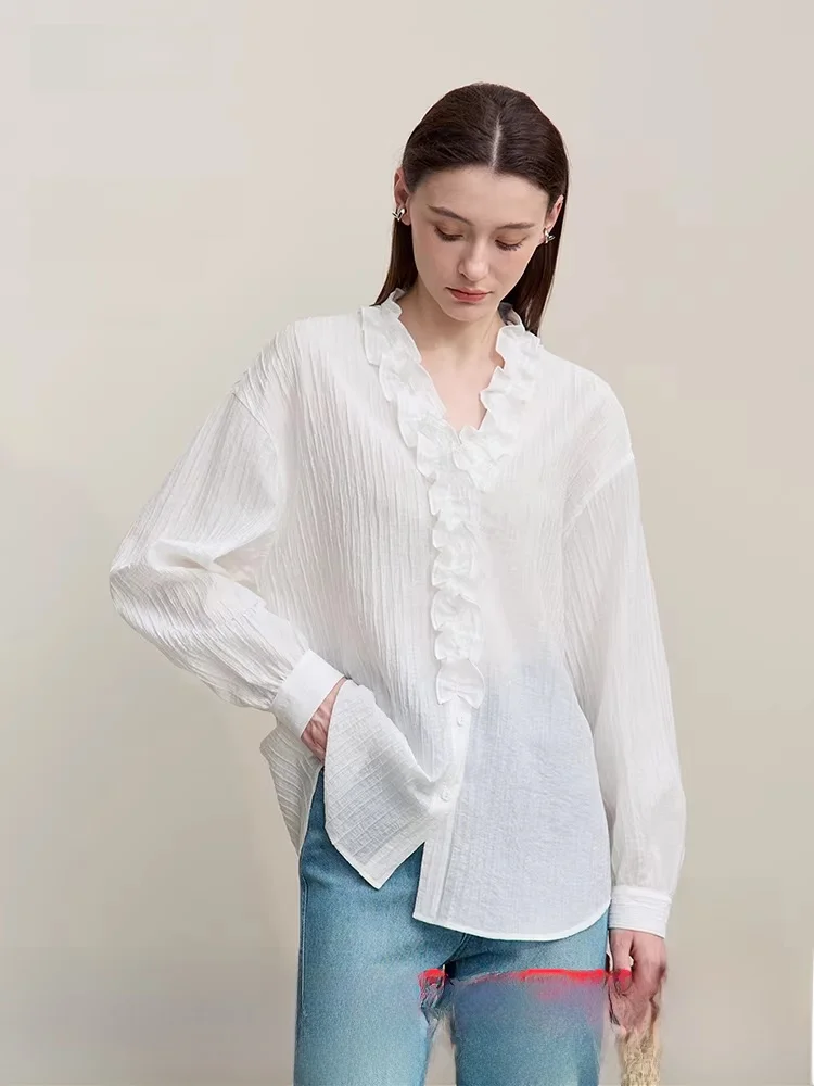 

Romantic V-Ne Acetate Lyocell irt Women's Textured Gauze Ear Look Top Spring New Sle Commute Nylon Blend Long Sve