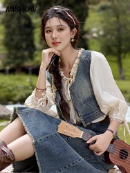 MISHOW Retro Blue Denim Vest Coat 2024 Autumn Sleeveless V Neck Tassels Coat Female Single Breasted Casual Top MXD41W0387